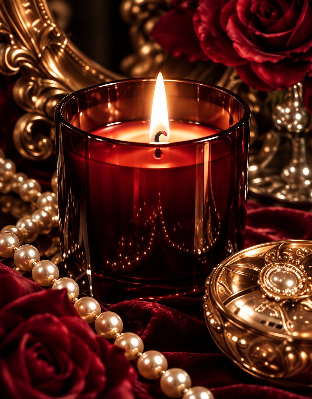 A glowing burgundy candle with pearls, roses and a gilded mirror