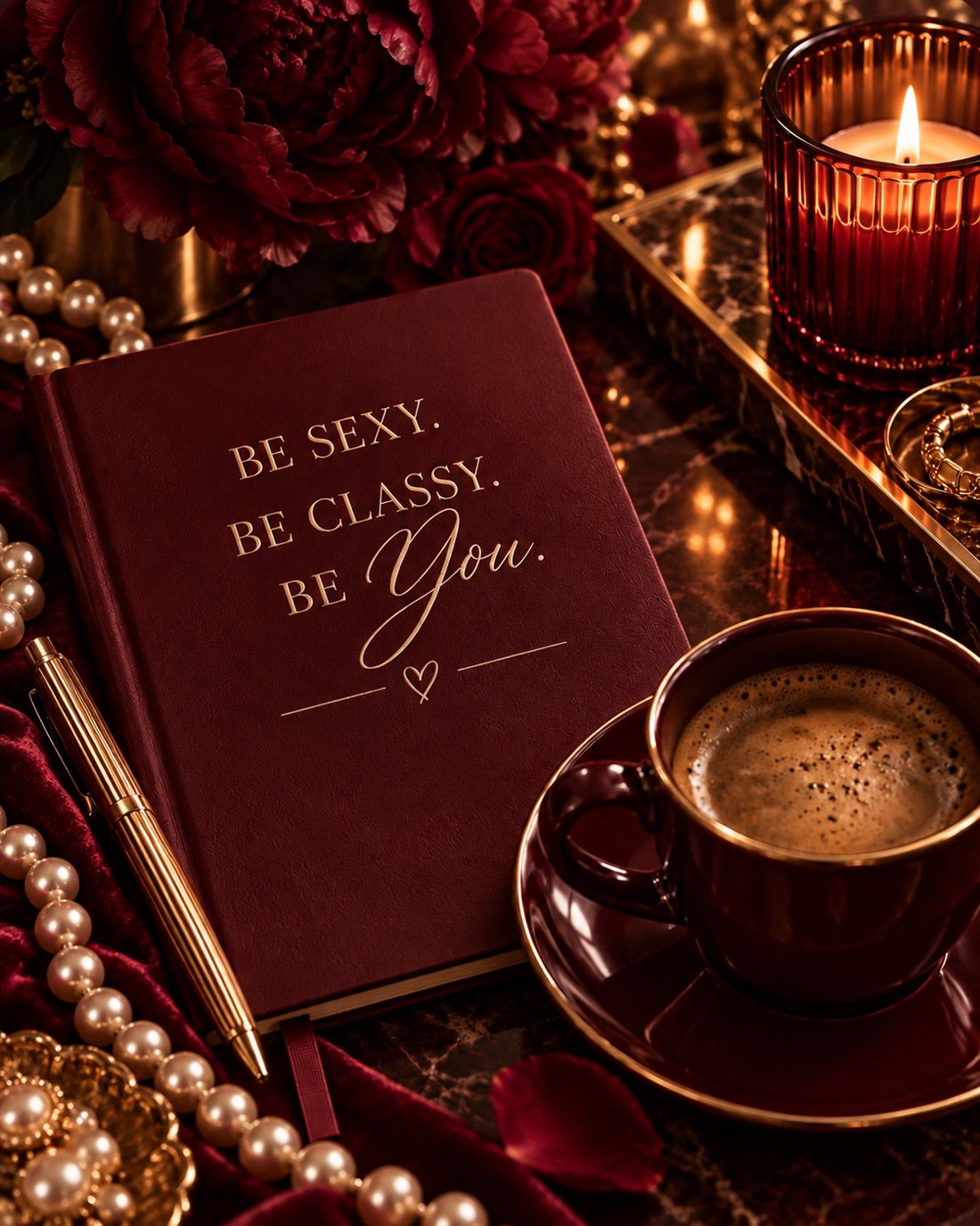 A burgundy journal embossed with Be Sexy. Be Classy. Be You. beside a gold pen, pearls and espresso