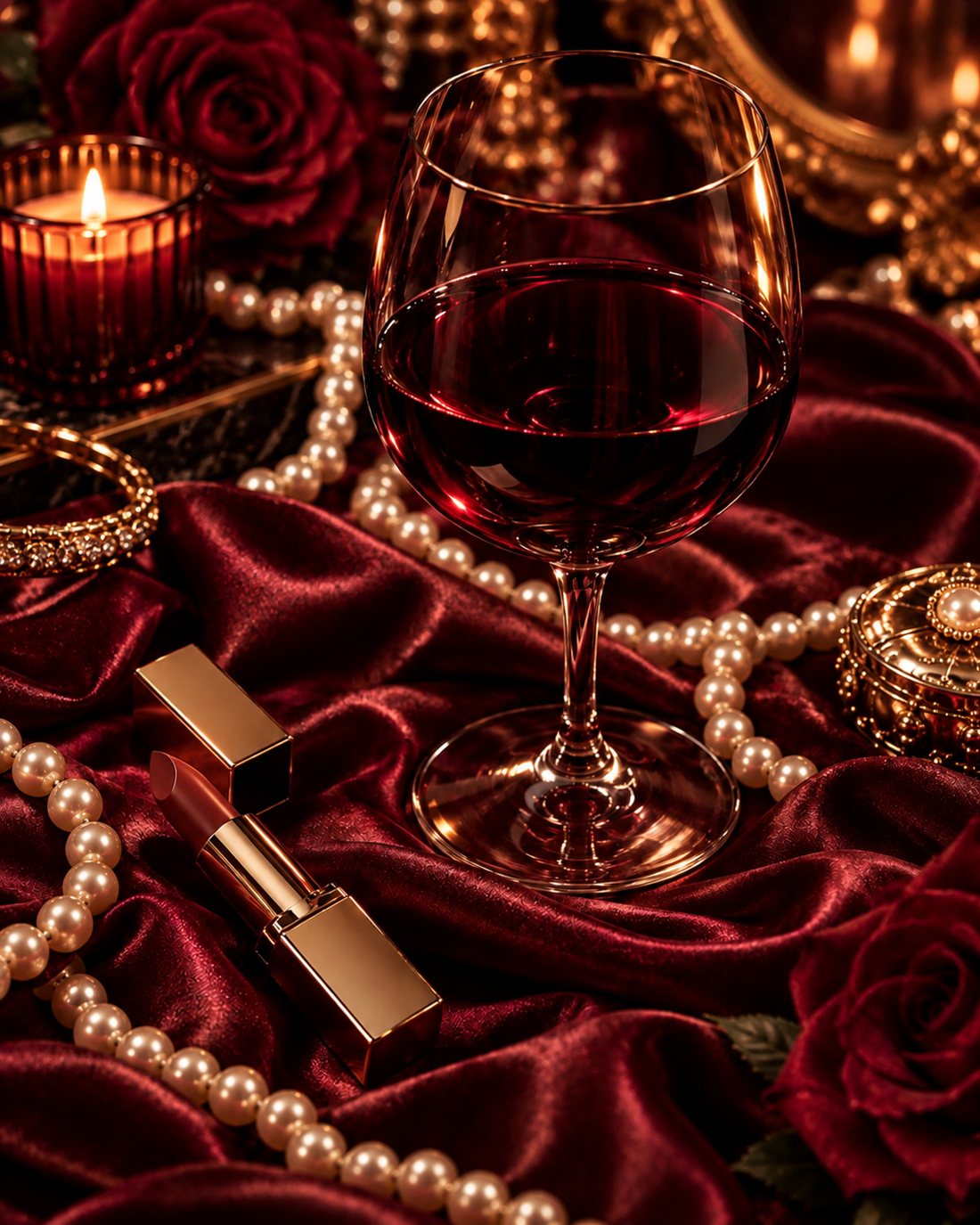 A glass of red wine with a gold lipstick and pearls on burgundy satin