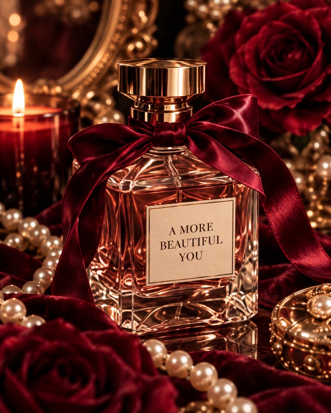 A perfume bottle labeled A More Beautiful You, tied with burgundy ribbon